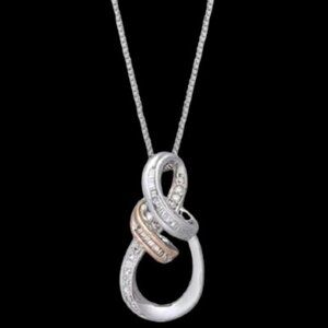 Diamond Swirl Pendant Necklace In 14 K Rose Gold And Sterling Silver(1/10CT).